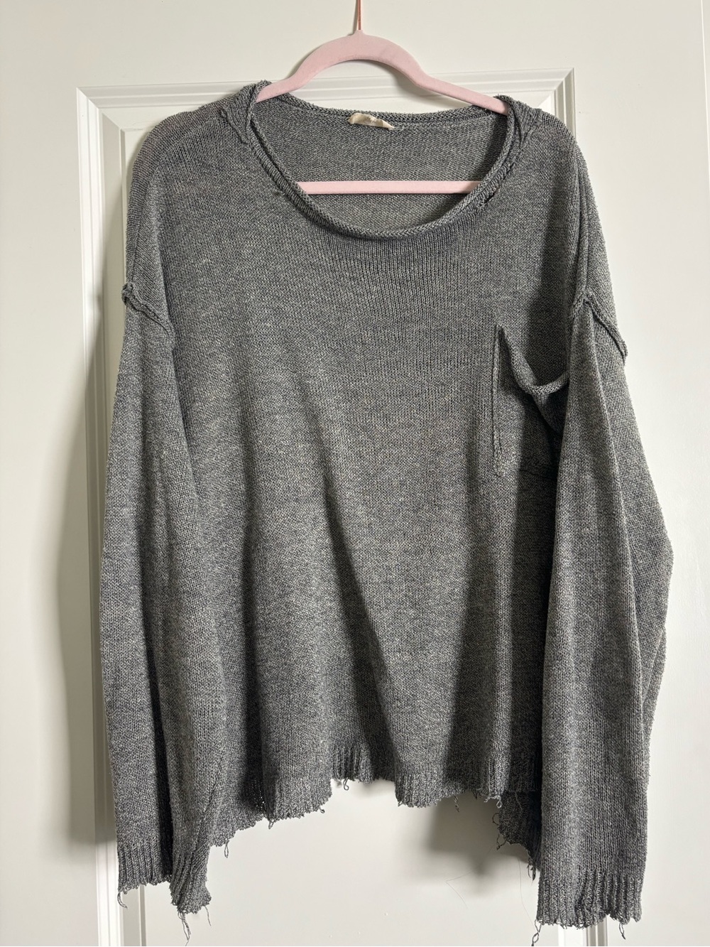 easel Washed Gray Distressed Knit Pullover